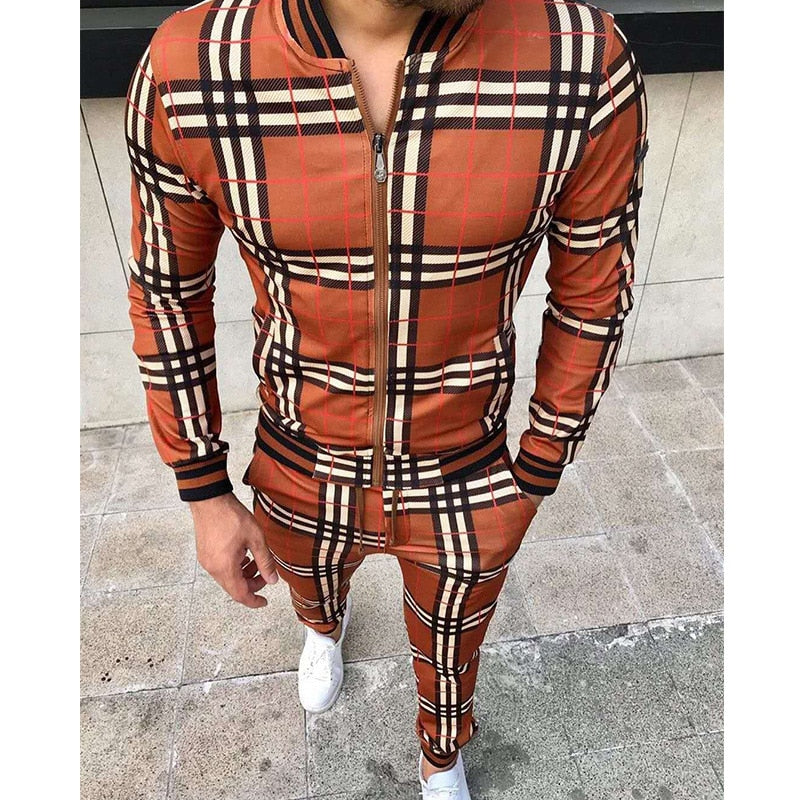 New Men's Leisure Suits Tracksuits Men Grid Two-piece