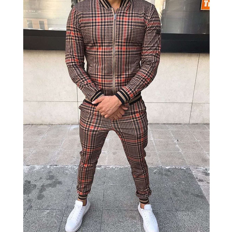 New Men's Leisure Suits Tracksuits Men Grid Two-piece