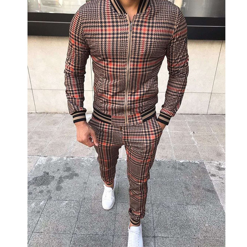 New Men's Leisure Suits Tracksuits Men Grid Two-piece