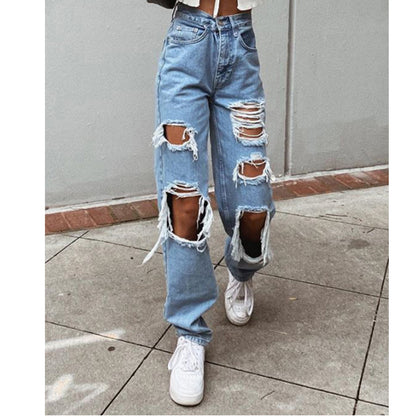 Women's American Retro Hole-punched Jeans Women High